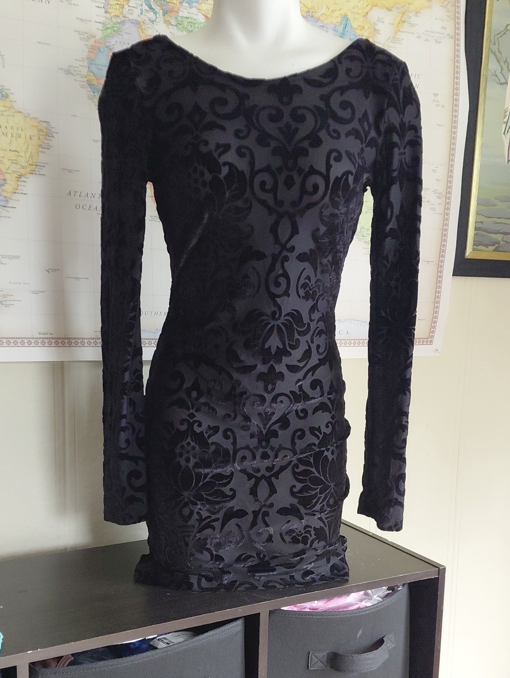 iris Black Velvet Burnout Long-Sleeve Mini Dress